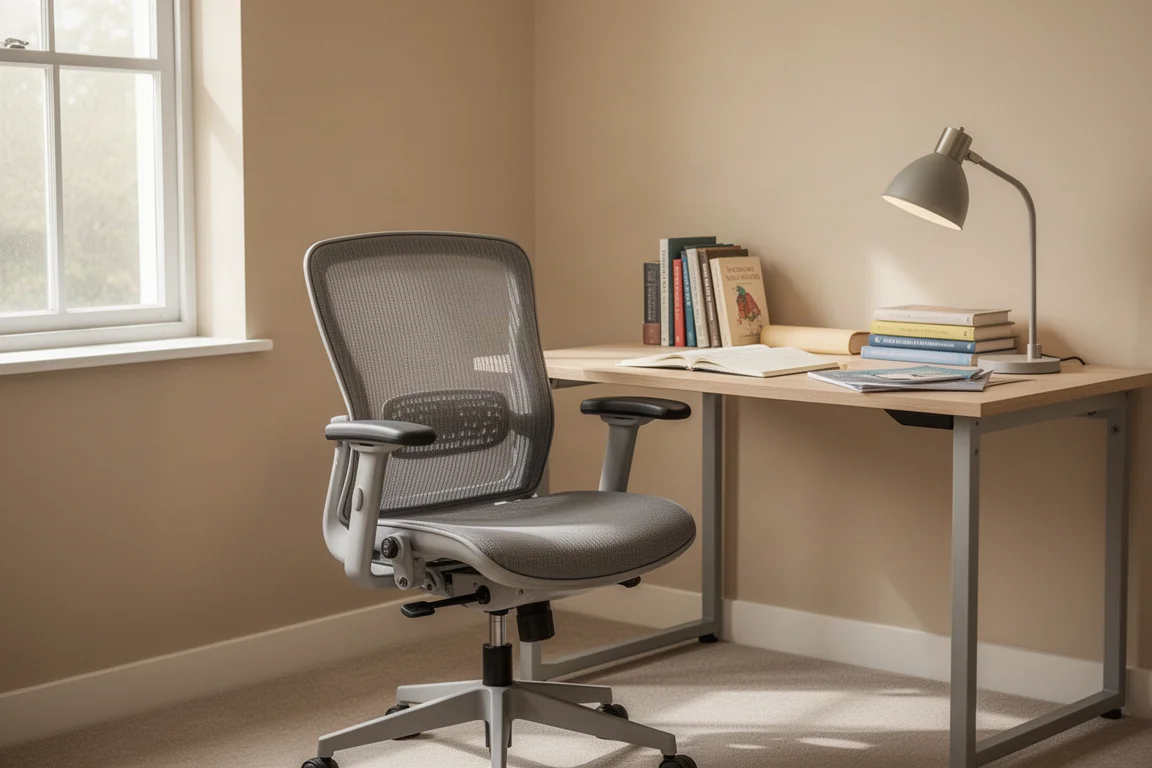 Sedia ergonomica in un angolo di una camera universitaria accanto alla scrivania da studio