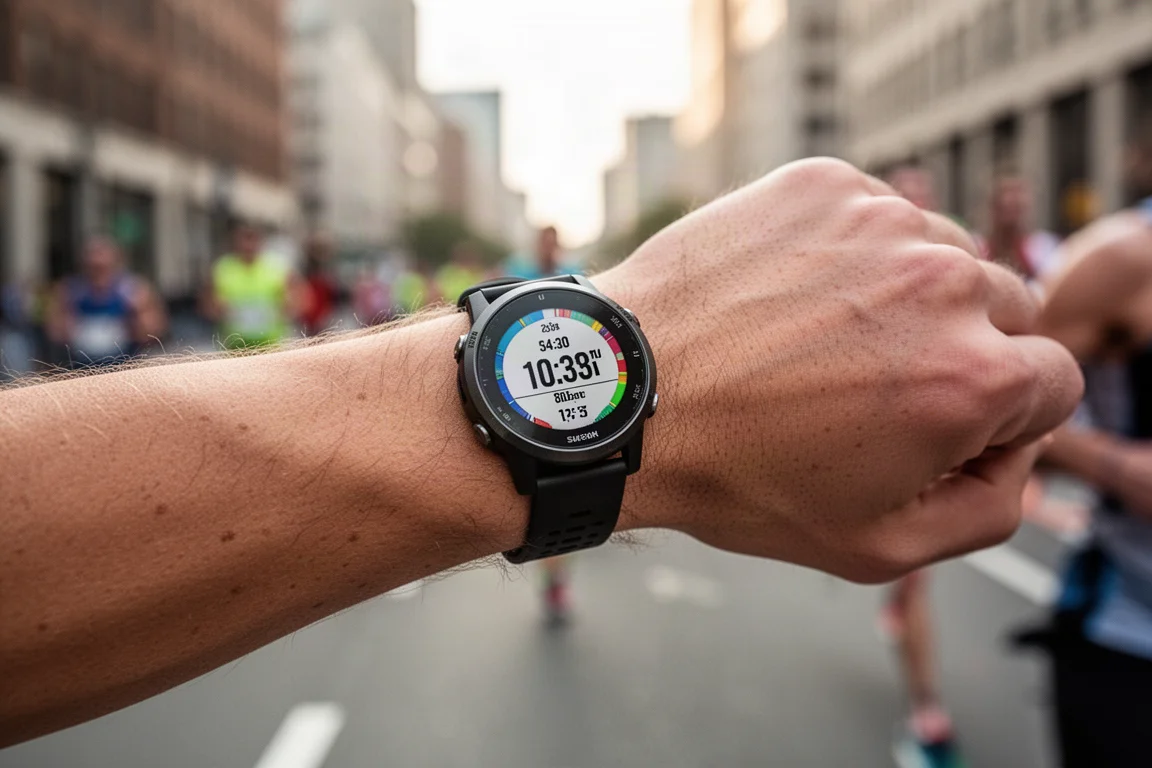 Runner wearing a GPS sports watch checking the display before a race start
