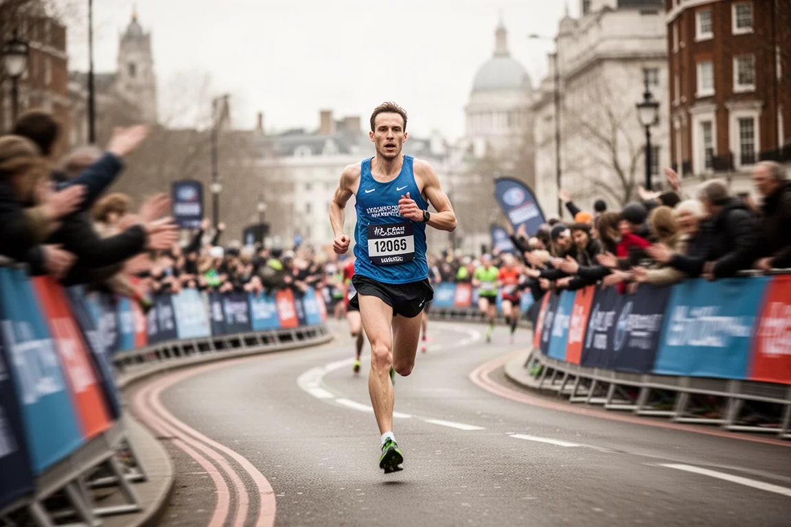 Runner mid-stride on a twisty city half marathon course with crowds of supporters