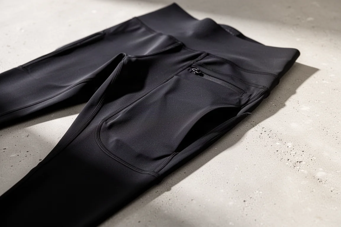 Close-up of black half tights showing side pocket storage