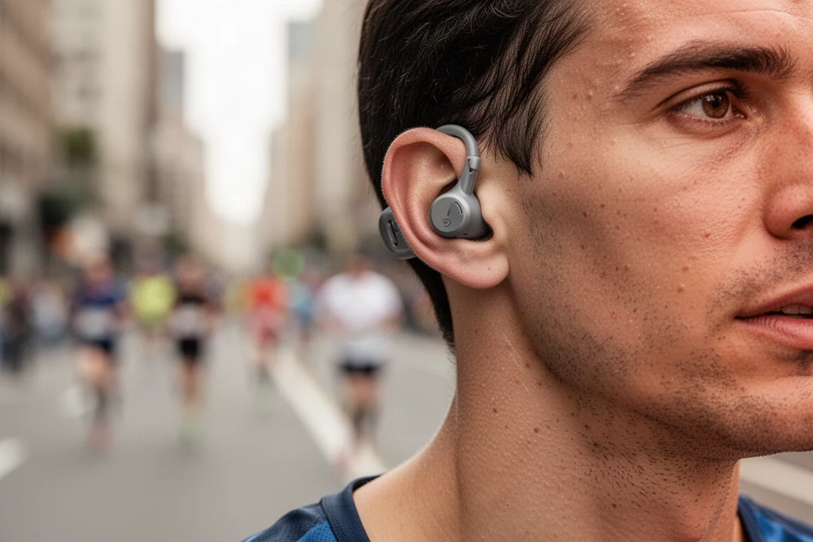 Runner adjusting a clip-on open-ear headphone during a road race