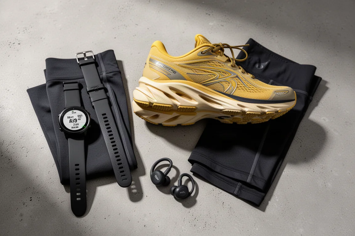 GPS watch, running shoe, half tights and clip-on headphones arranged on concrete