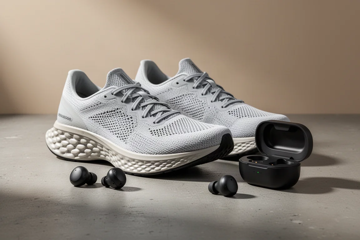 Racing shoes and wireless earbuds arranged on a concrete surface