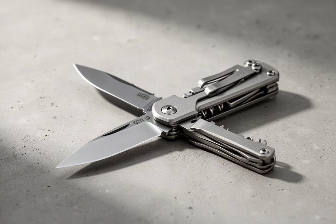 Titanium-Frame-Lock-Klappmulti-Tool geöffnet auf einer Betonfläche