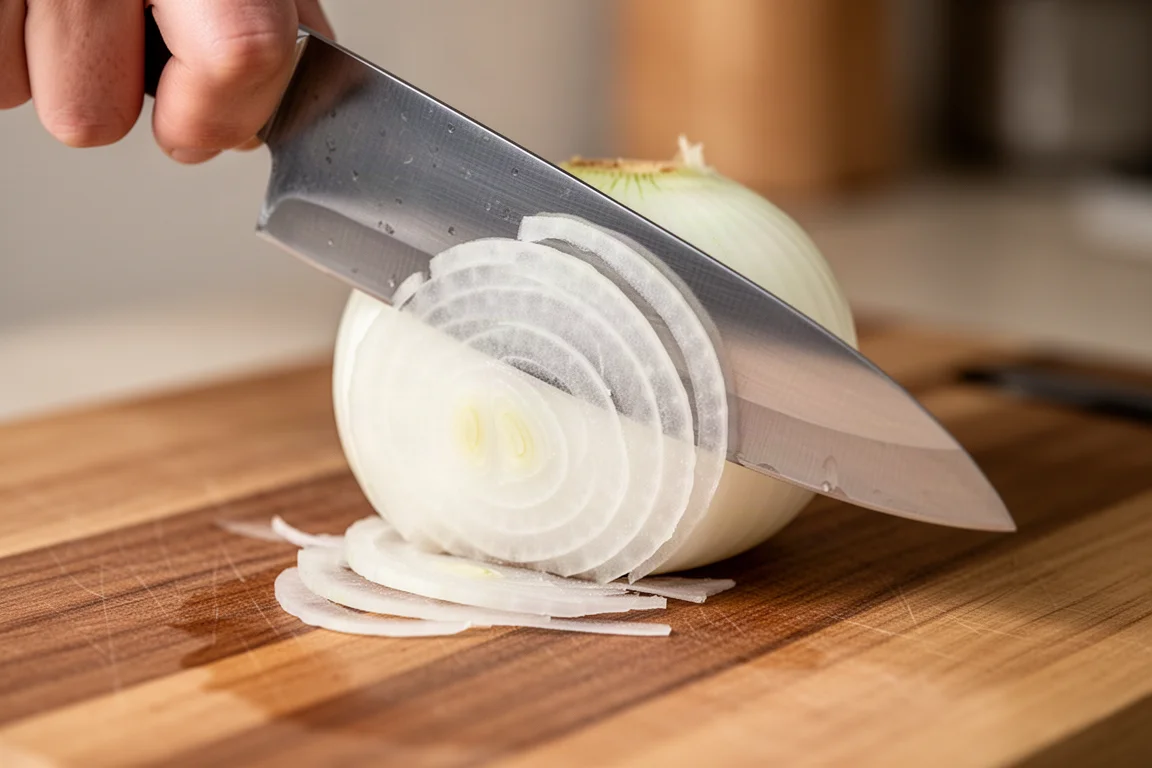 Dünne Zwiebelscheiben fallen unter einer rasiermesserscharfen Küchenmesserklinge ab