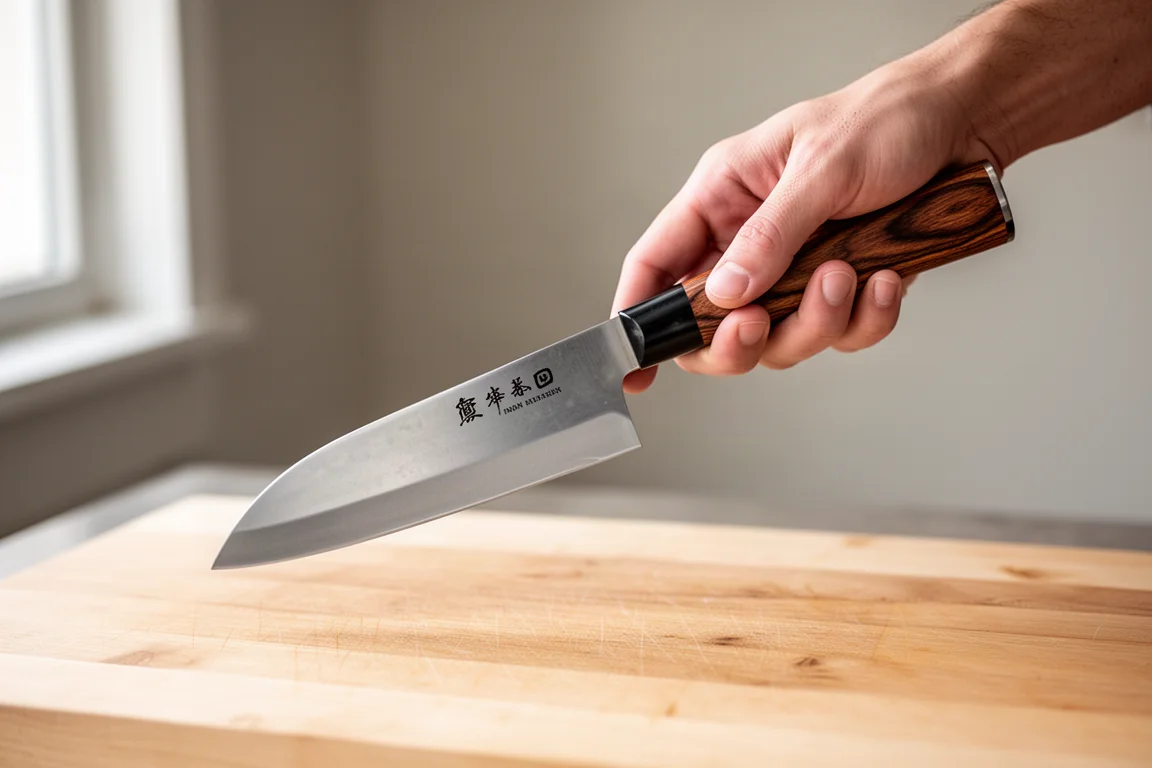 Pinzettengriff hält eine Gyuto mit Palisandergriff über einem Schneidebrett