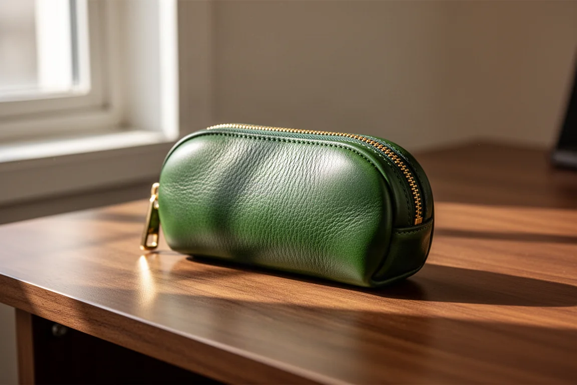 Pen case round zip in pelle verde su una scrivania di legno con una soffusa luce dalla finestra