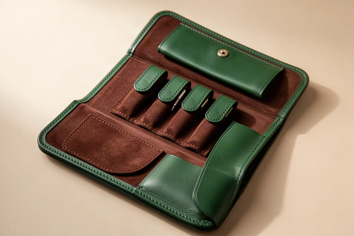 Pen case in pelle aperto con porta penne interni e fodera in camoscio marrone