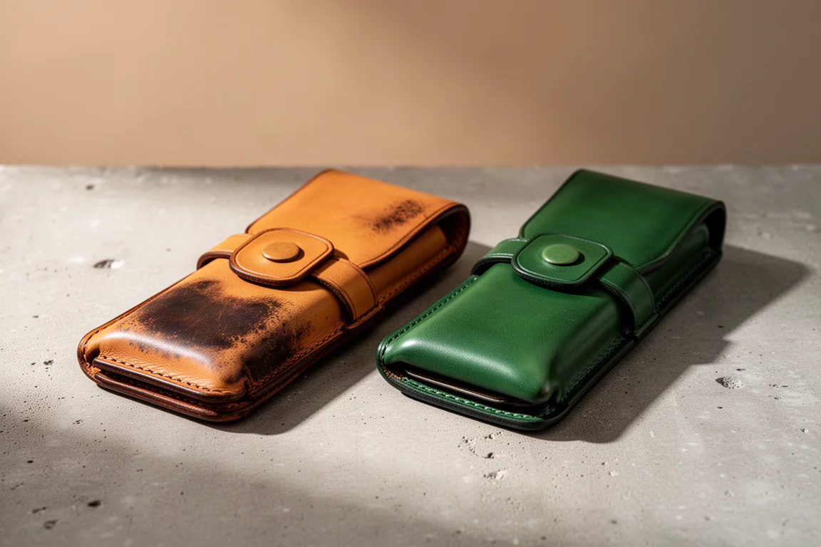 Pen case in pelle dallo stile vintage accanto a un case verde appena patinato su una scrivania