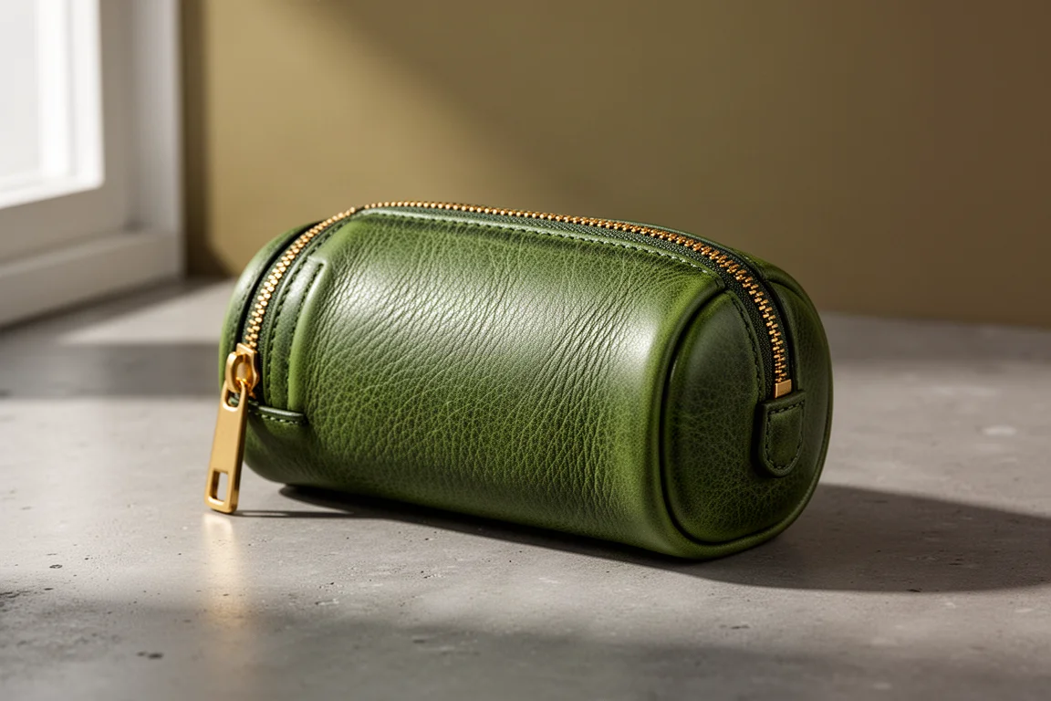 Green leather round zip pen case with gold zipper on concrete surface