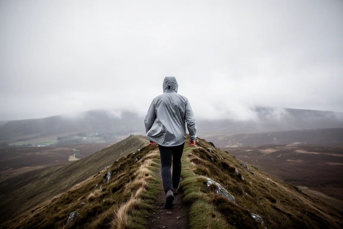 Hiker on a windswept ridge in cool grey weather wearing a light hooded layer