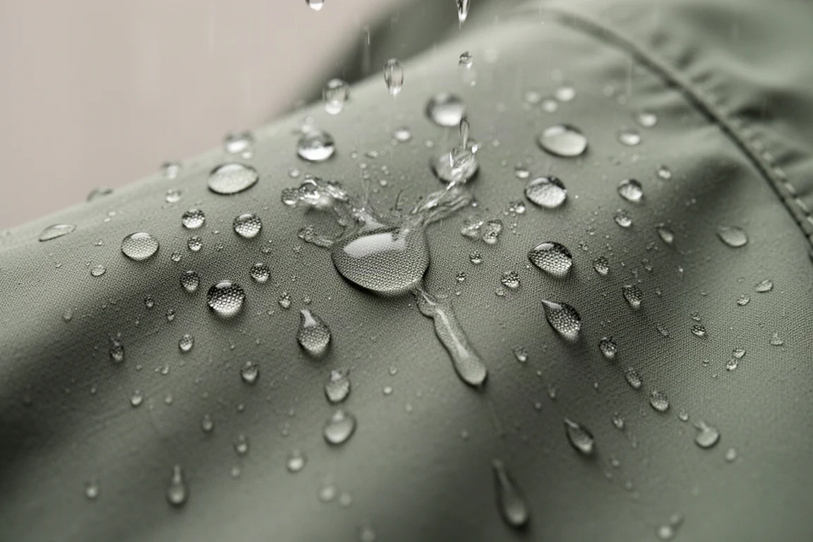 Close-up of water beading and rolling off a thin woven jacket fabric