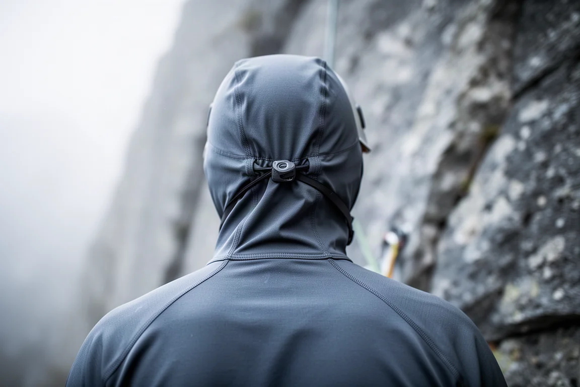 Rear view of a close-fitting jacket hood stretched over a climbing helmet