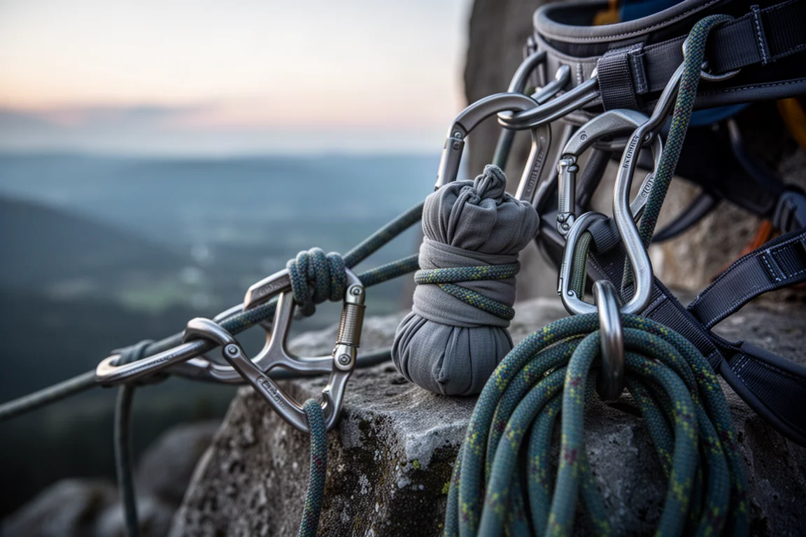 Small jacket bundle clipped to a climbing harness on a belay ledge at dusk