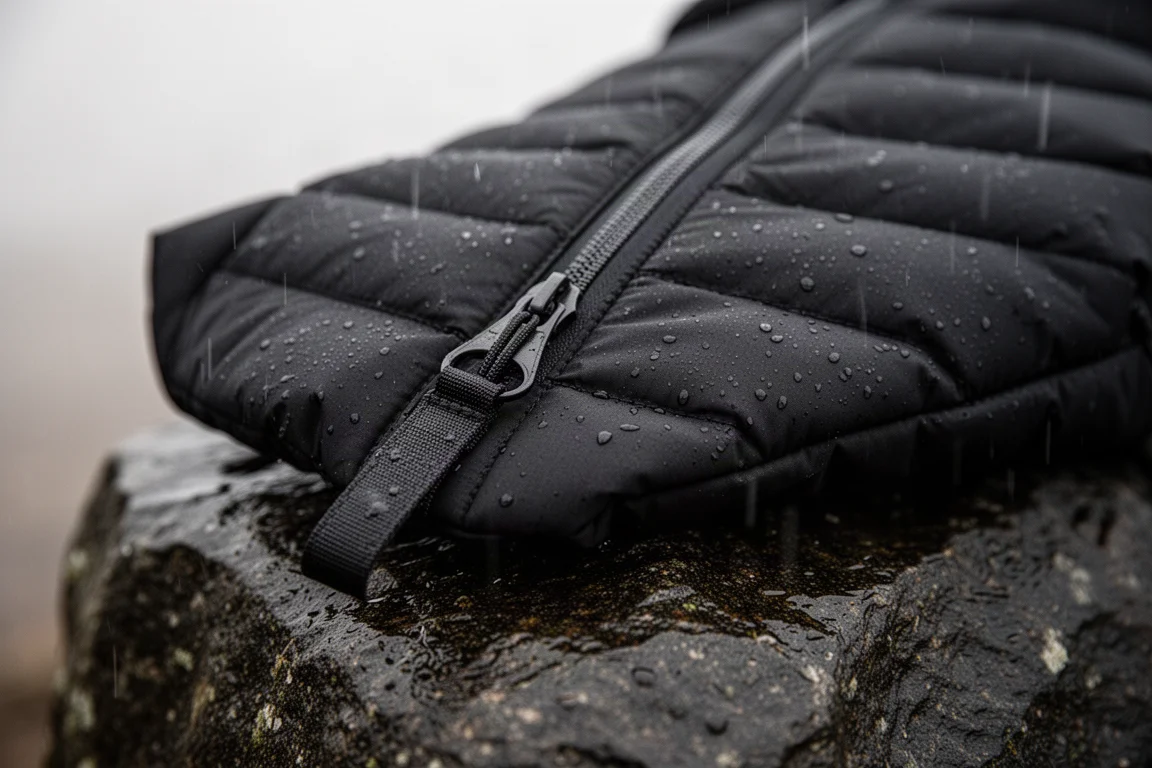 Nahaufnahme einer schlanken schwarzen Isolationsjacke mit Steppnähten auf nassem Fels bei leichtem Regen