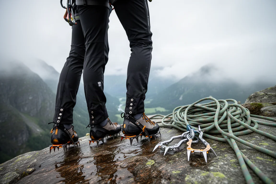 Unterschenkel in schwarzer wasserdichter Hose auf nassem Fels über einem Bergtal mit Seil