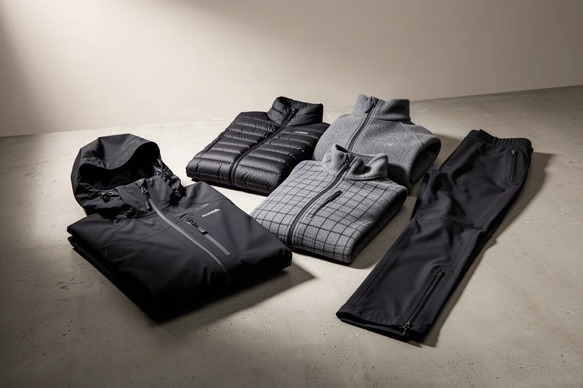 Four technical outdoor layers arranged on a concrete surface: shell, down jacket, mid layer and trousers