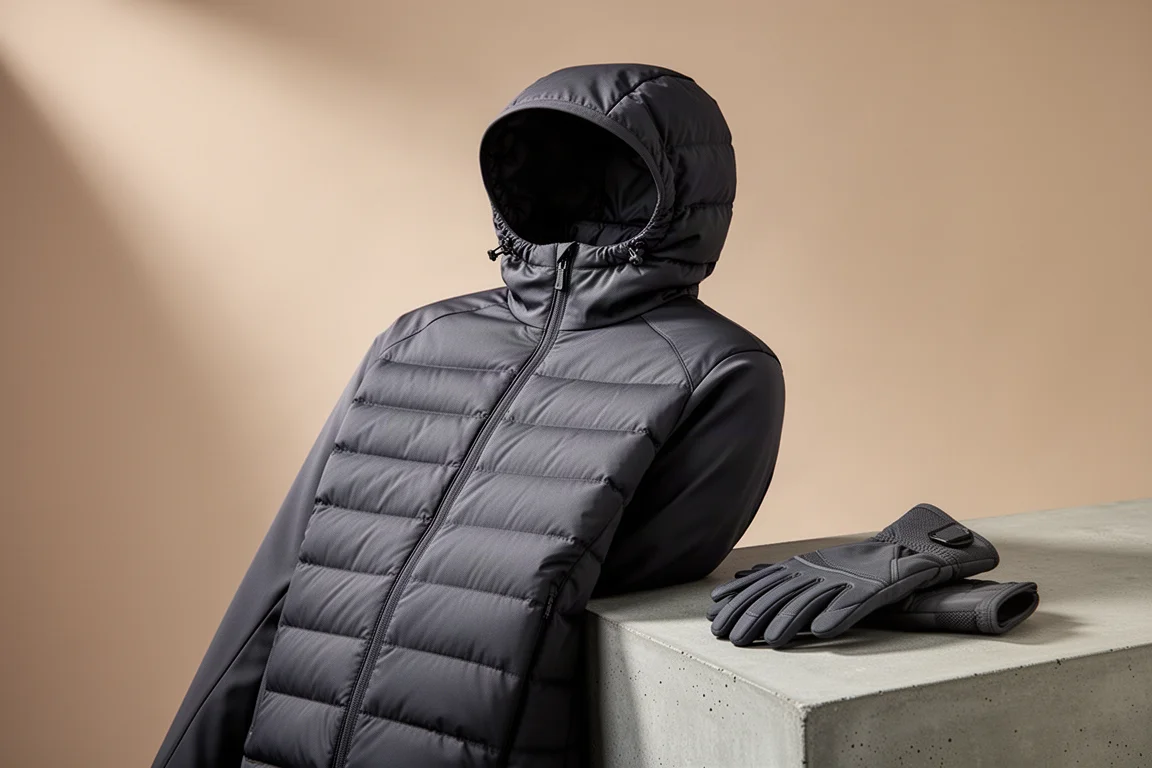 Charcoal hooded down jacket with quilted baffles on a concrete surface beside a folded glove