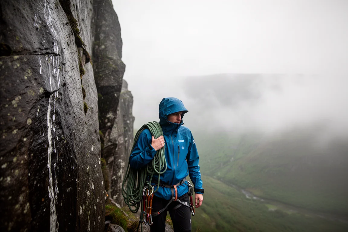 Climber in a blue hardshell jacket at the base of a wet crag with coiled ropes