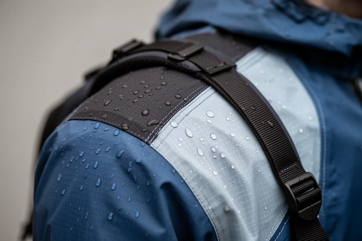 Macro detail of reinforced shoulder panel meeting lighter fabric with rain beading