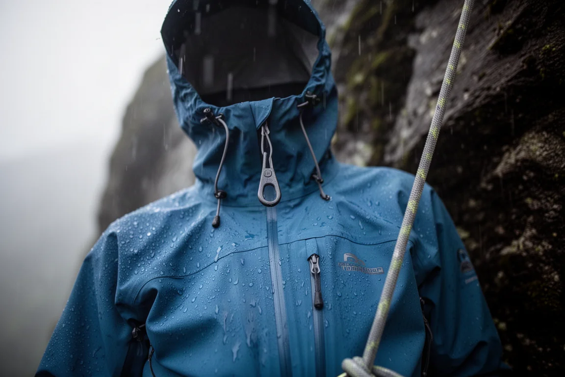 Blue shell jacket in heavy rain with beaded water and a cinched hood cord