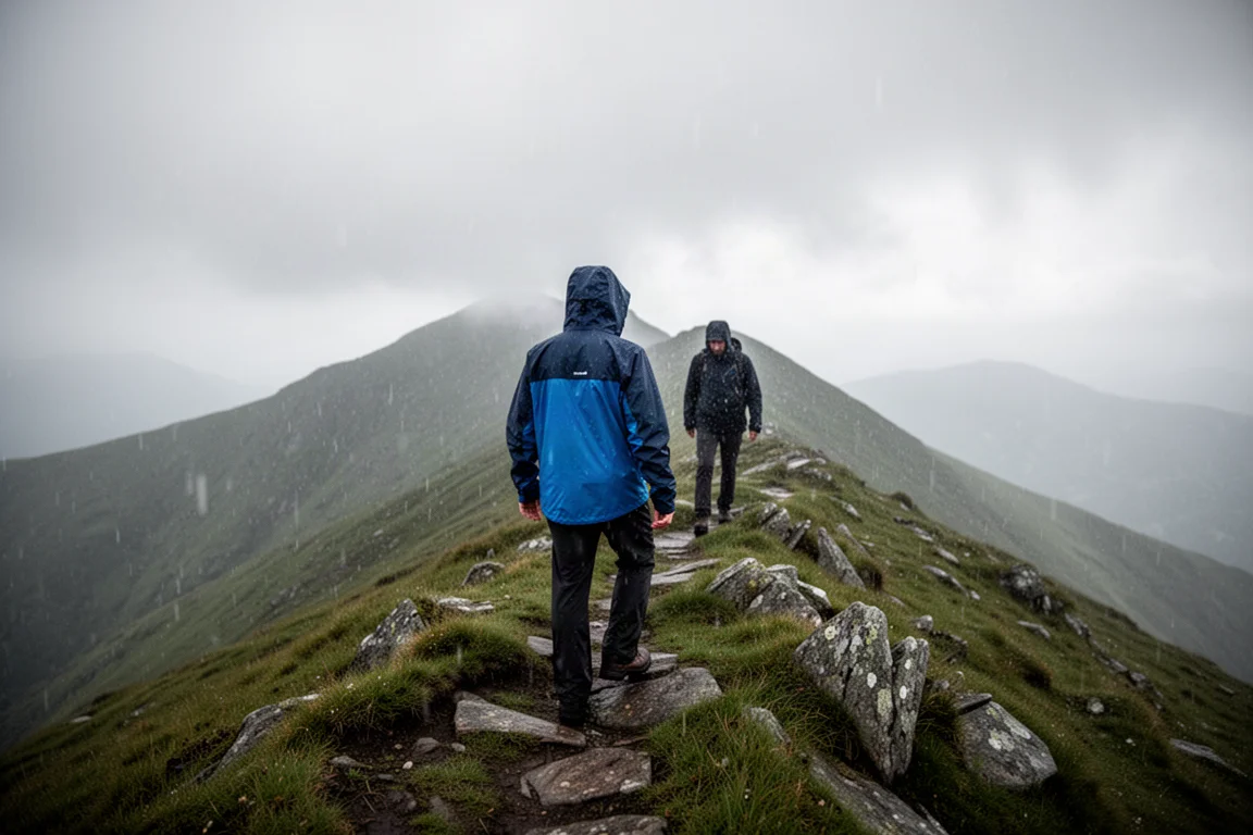 Two hill walkers on an exposed ridge in wind-driven rain, one in a blue shell