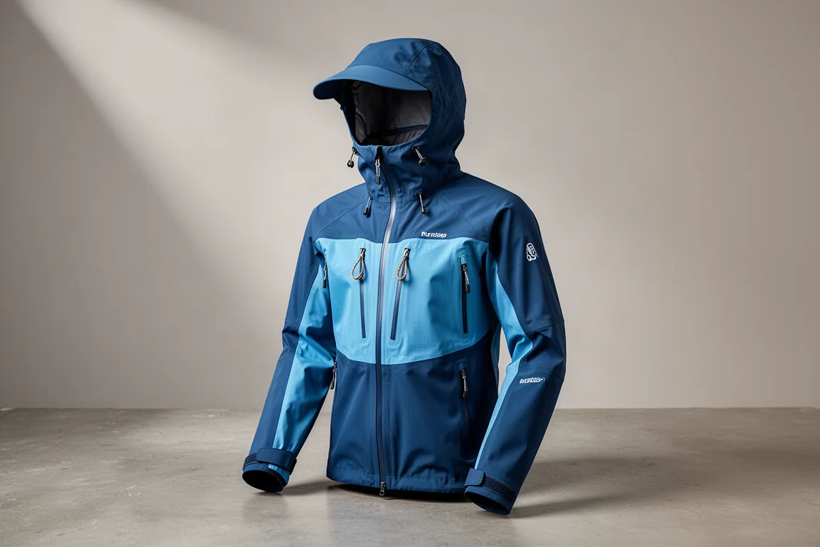 Two-tone blue technical hardshell jacket with helmet-compatible hood on concrete surface