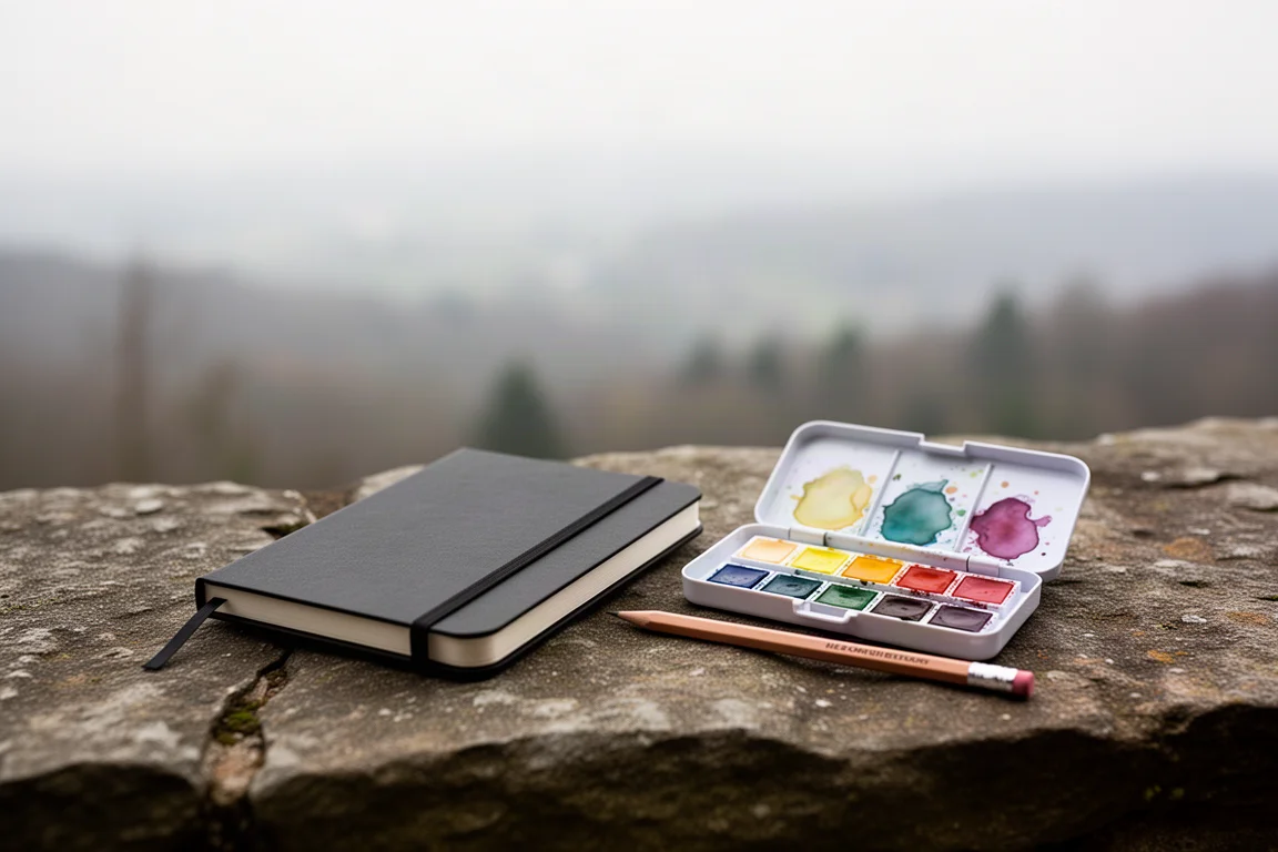 Taccuino e kit d'arte da viaggio disposti su una sporgenza di pietra all'aperto