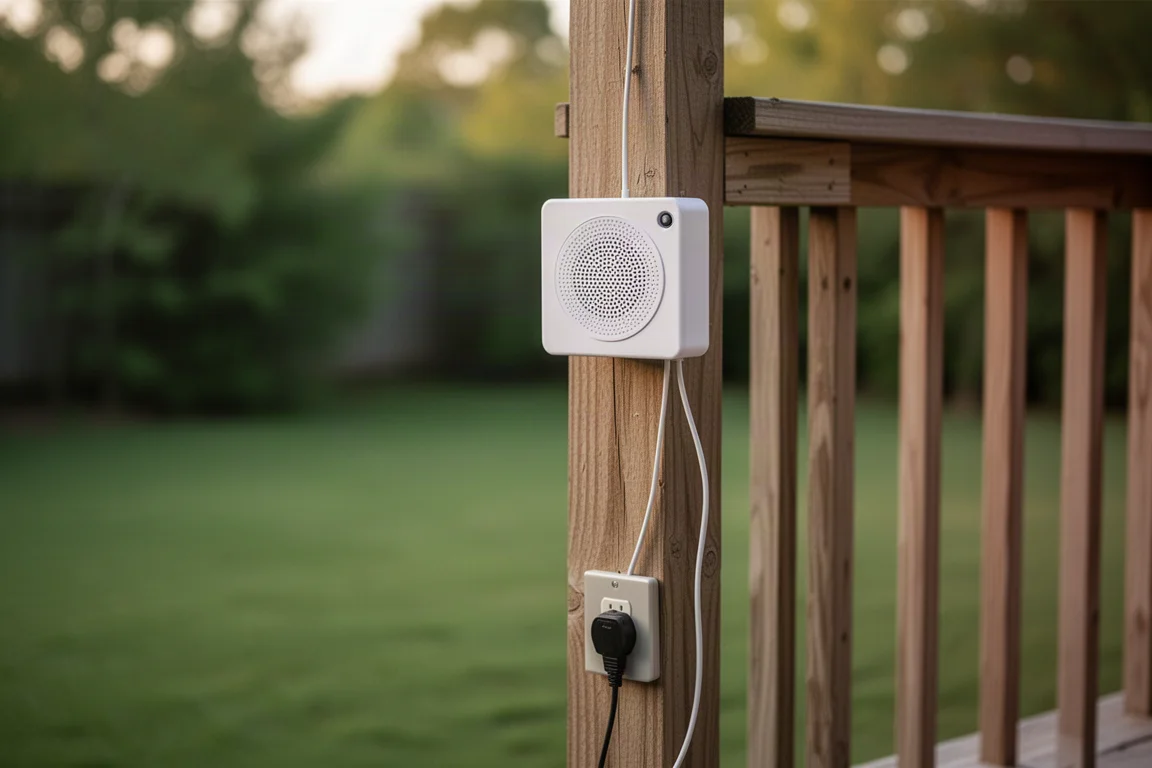Dispositivo de escucha de aves colgado en un poste de madera de una terraza con el cable de alimentación conectado a un enchufe