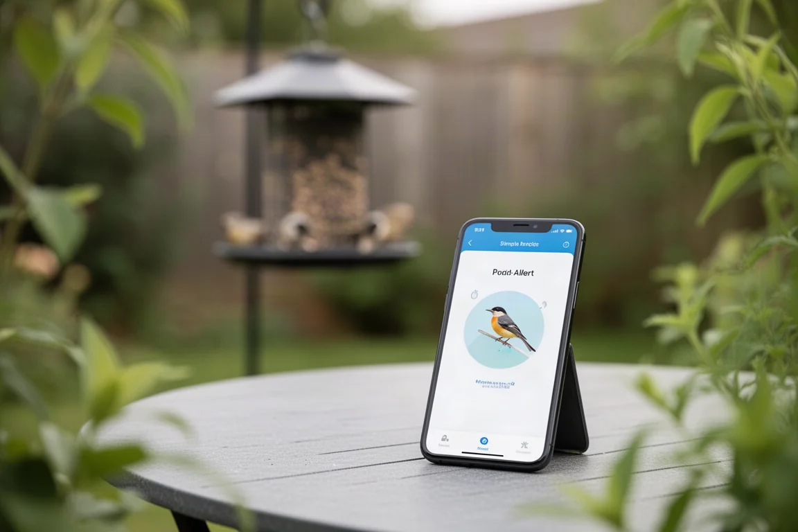 Smartphone mostrando una app de identificación de aves junto a un comedero