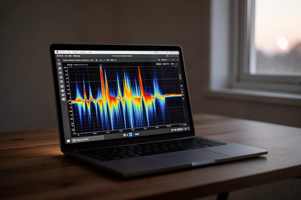Vista de espectrograma de un canto de ave en la pantalla de un portátil en una habitación con poca luz