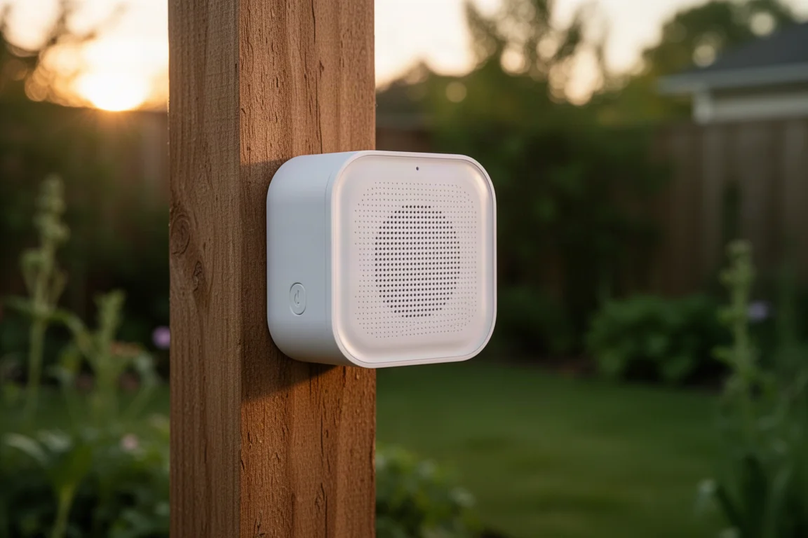 Haiku Box bird-listening device mounted on a wooden garden post in a backyard