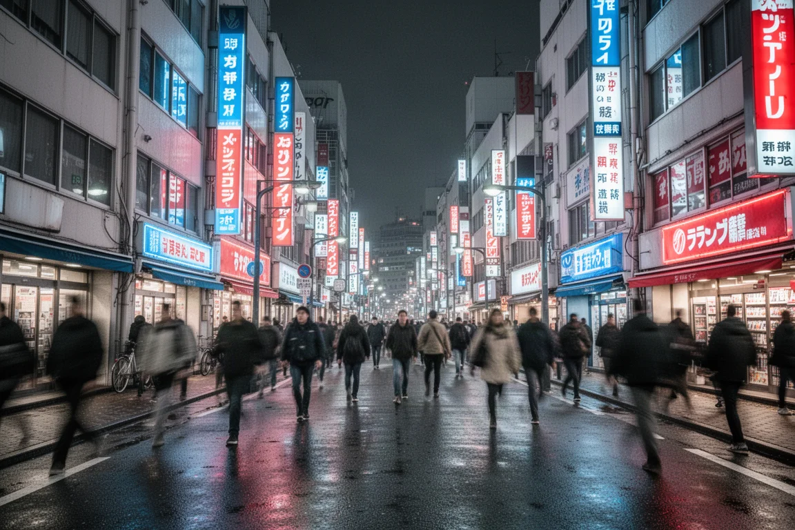 Busy Shibuya Center Gai street at night with neon signs and crowds