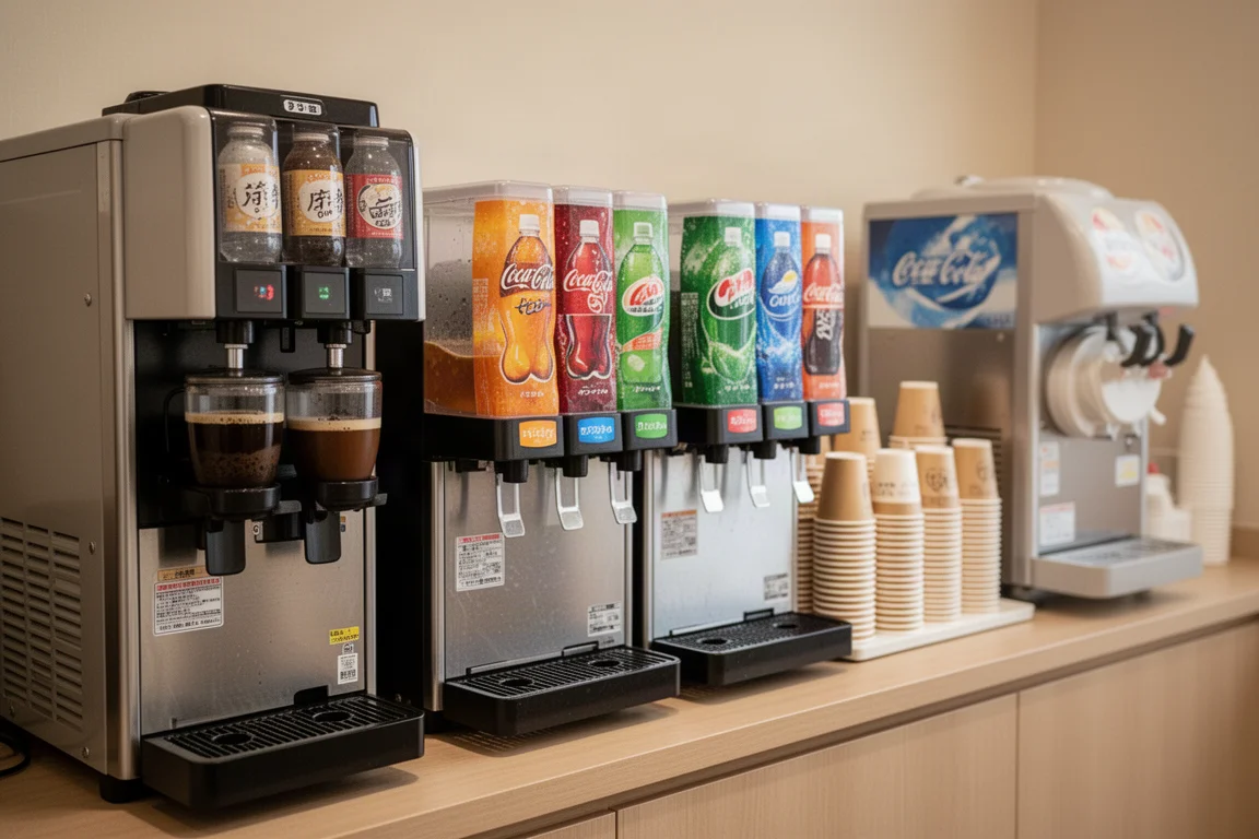 Close-up of a net cafe self-service drink station with coffee and soft serve machines