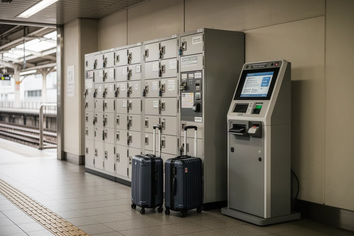 Coin lockers and luggage storage kiosks at a Tokyo train station