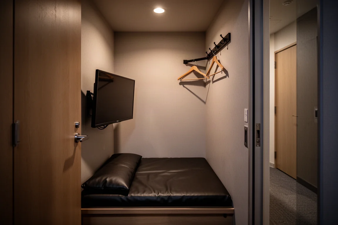 Compact Japanese net cafe sleeping booth with monitor, coat rail, and mat bed