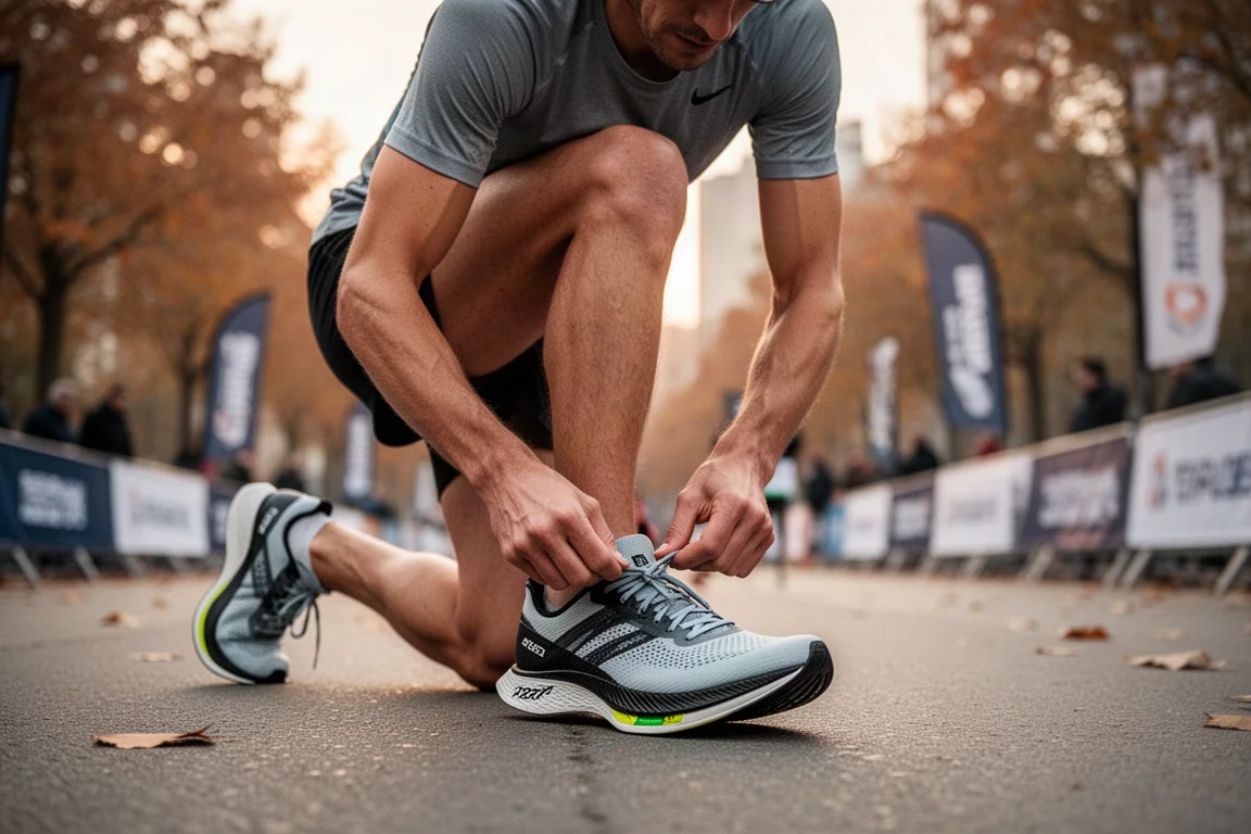 Läufer schnürt vor einem Stadt-Halbmarathon bei Sonnenaufgang die Rennschuhe