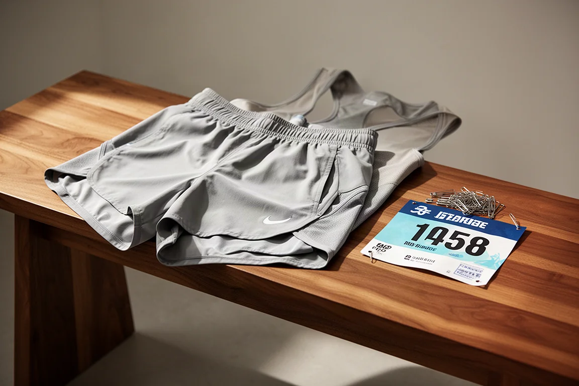 Zusammengelegte leichte Laufshorts und Renngurt auf einer Holzbank