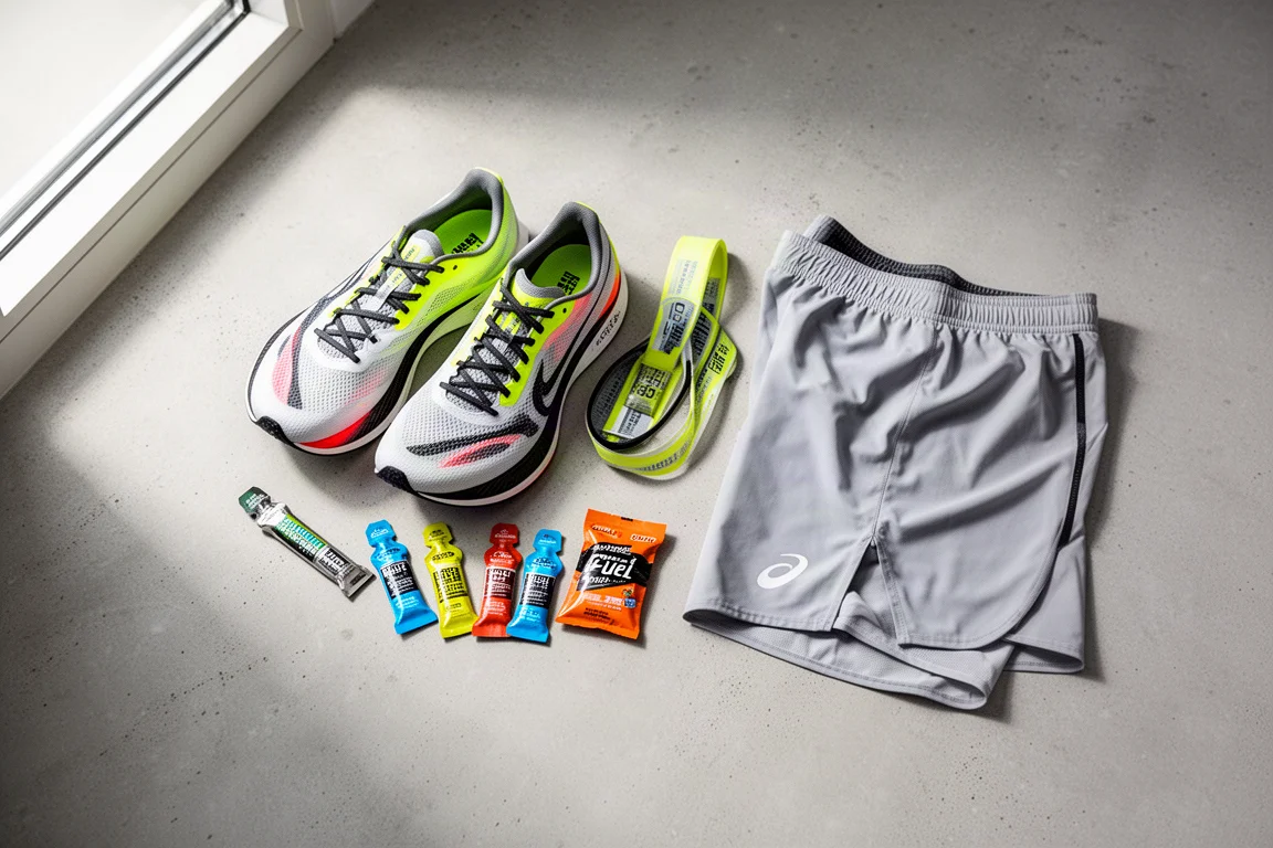Flat-lay of running shoes, energy gels and shorts on light concrete