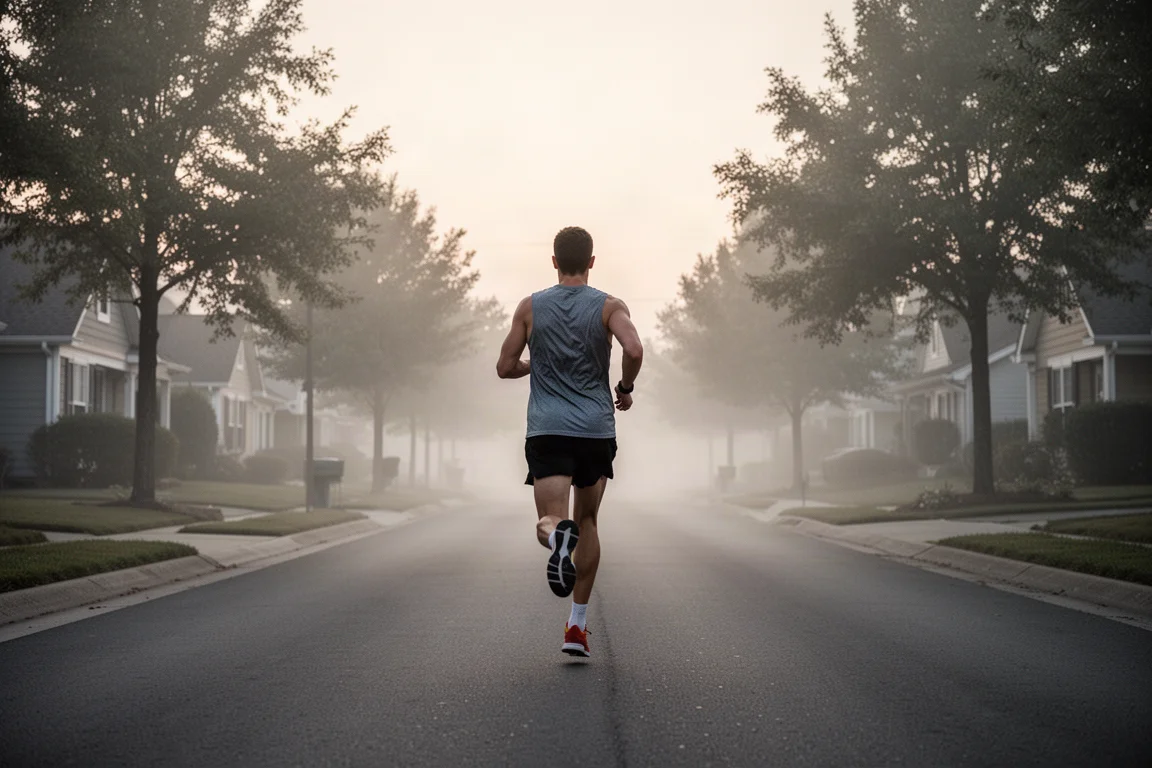 Runner logging easy miles on a quiet suburban road in soft morning light
