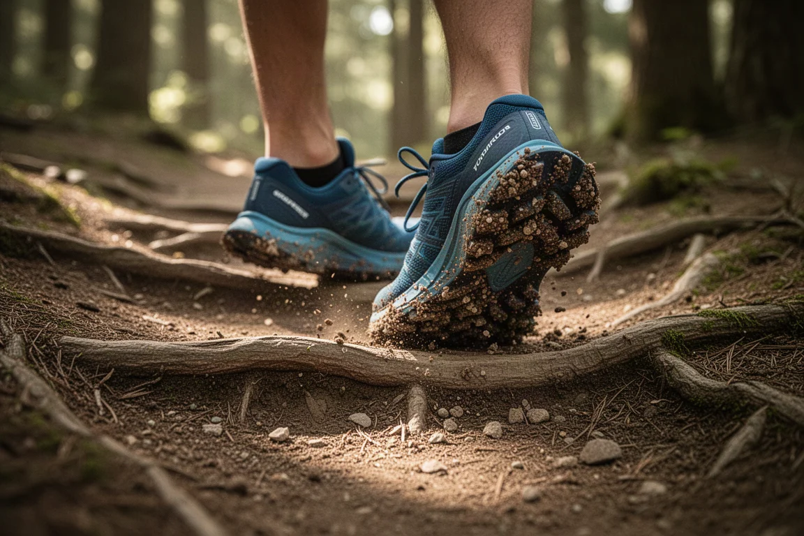 Trail shoes crossing a root-covered forest singletrack section