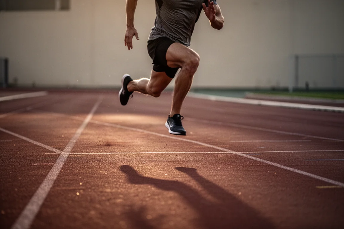 Athlete running intervals on a track in low evening light