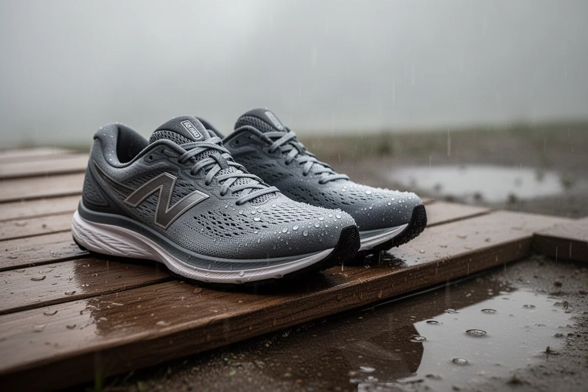 Running shoes drying on a porch during light rain