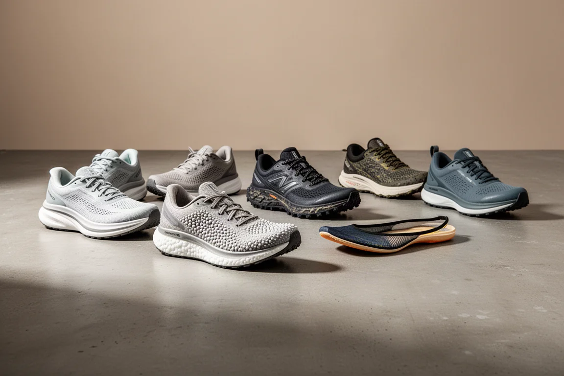 Lineup of nine running shoes on a concrete surface showing varied midsole heights