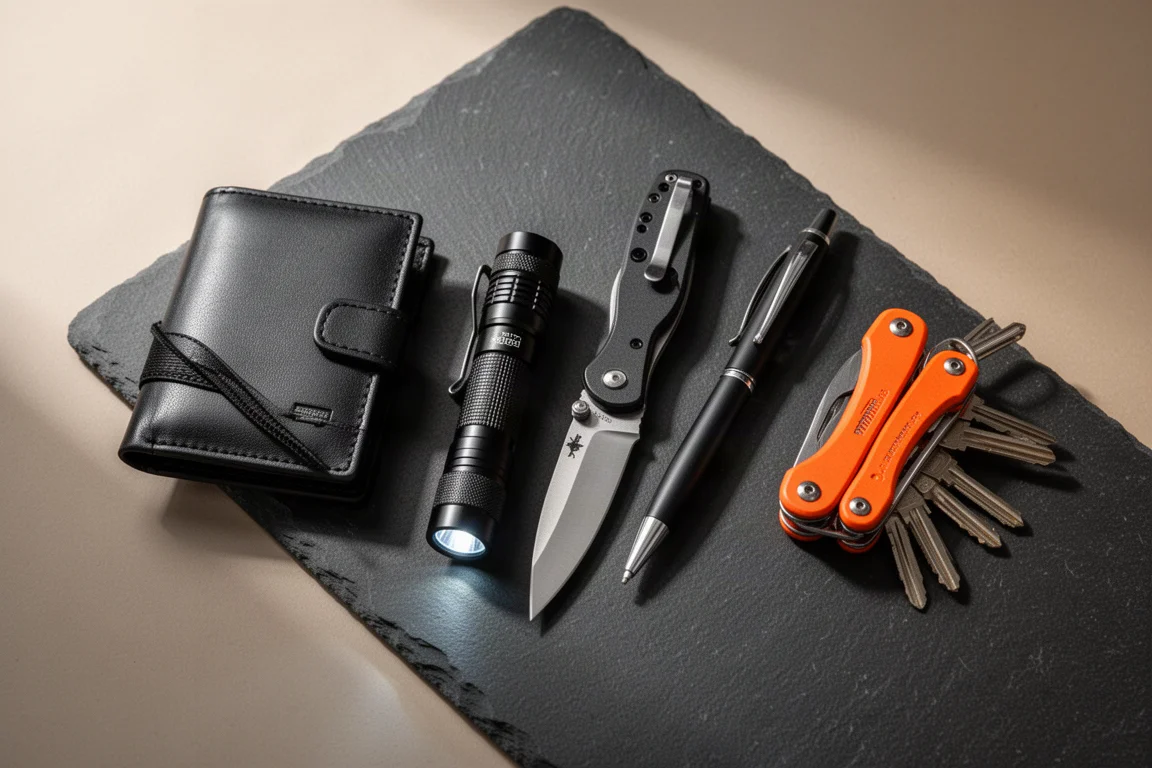 Flat-lay d'équipement everyday carry noir et orange disposé sur une surface sombre
