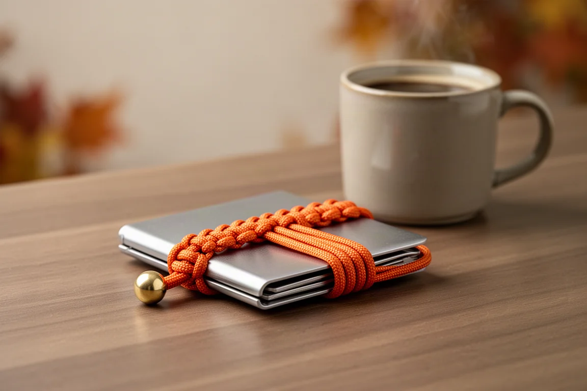 Portefeuille minimaliste en métal avec détail de paracorde orange posé sur un bureau en bois