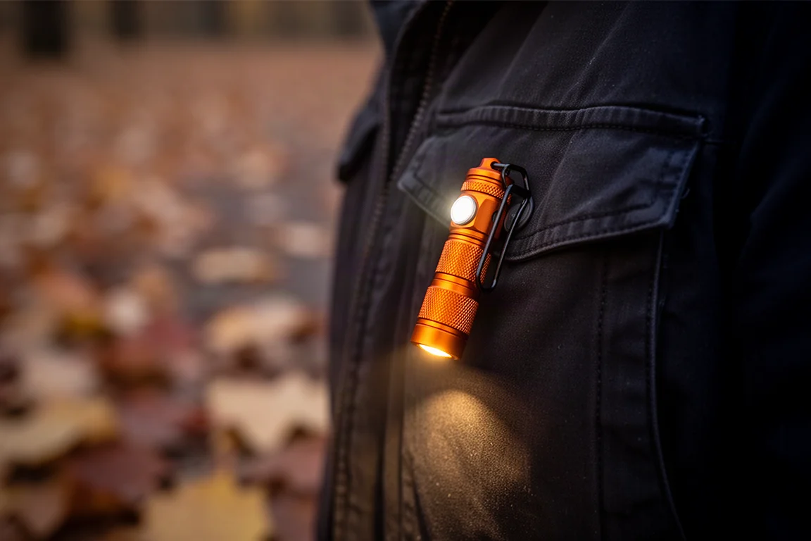 Lampe de poche LED orange accrochée à une poche de veste, lumineuse au crépuscule