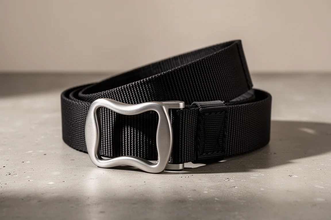Ceinture en sangle nylon avec boucle en aluminium enroulée sur une surface en béton