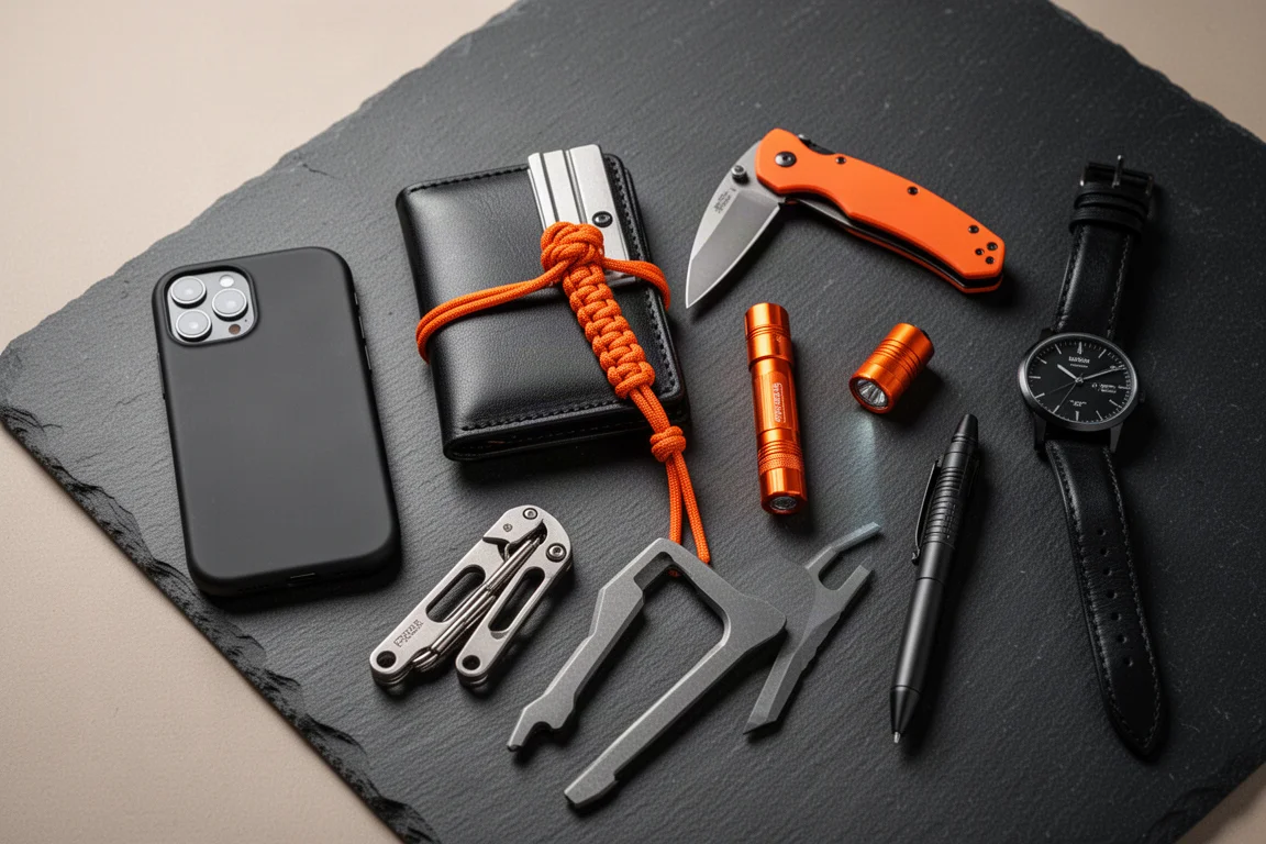 Flat-lay di gear everyday carry nero e arancione su una superficie di ardesia scura