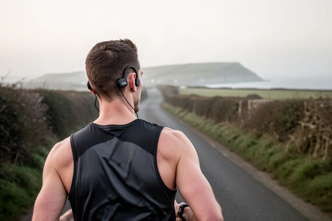Un corridore su una strada aperta indossa cuffie a conduzione ossea a orecchio aperto mentre ascolta un podcast
